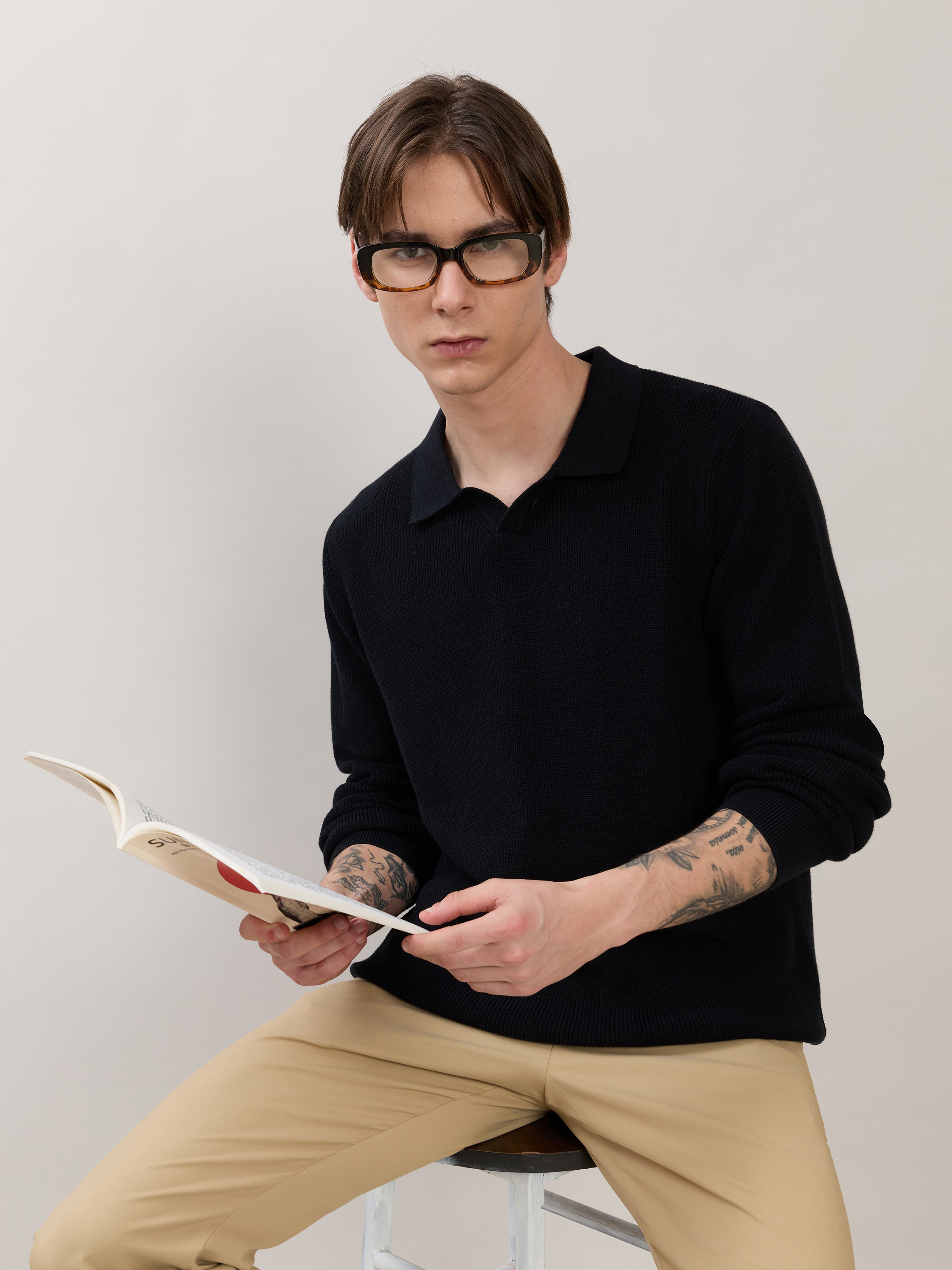 Xosio-1 - Regular Knitted Polo Sweater - Black