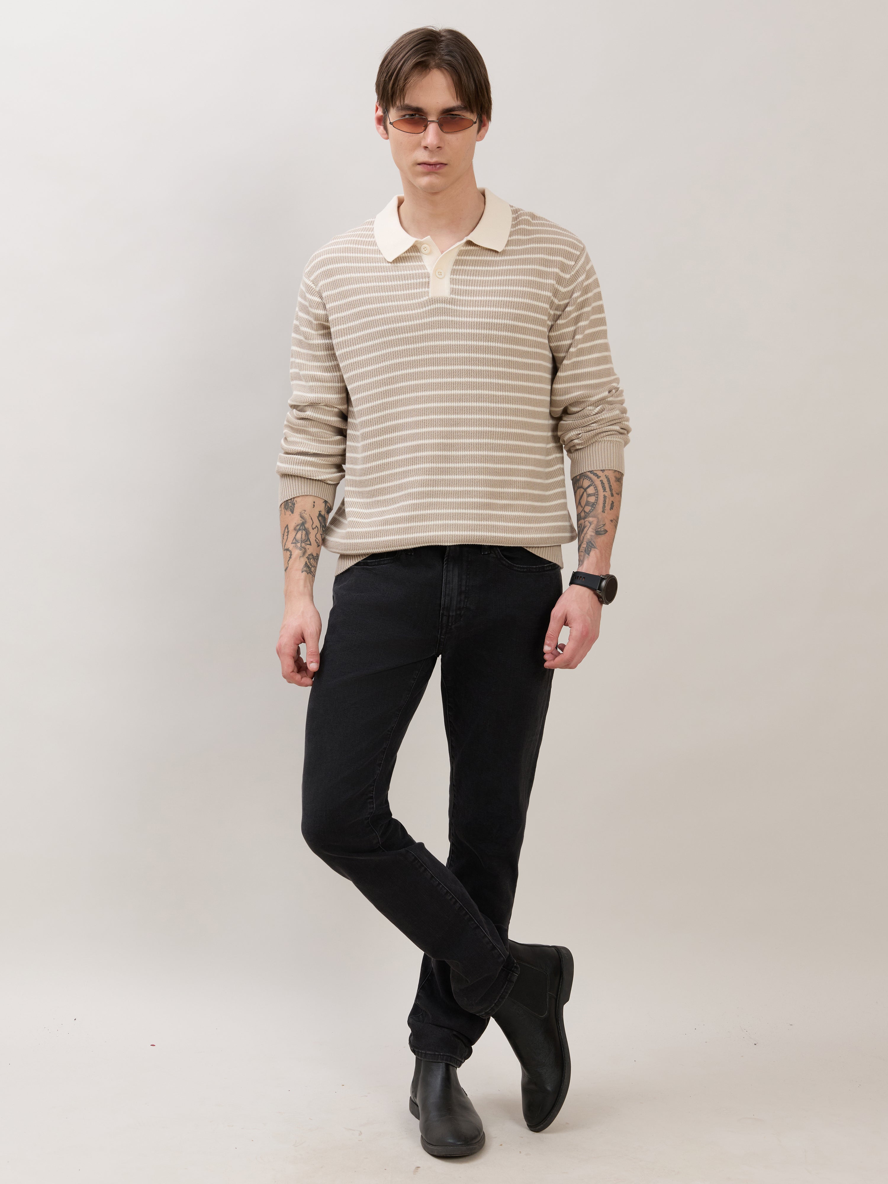 Xosio-2 - Regular Striped Knit Polo Sweater - Beige